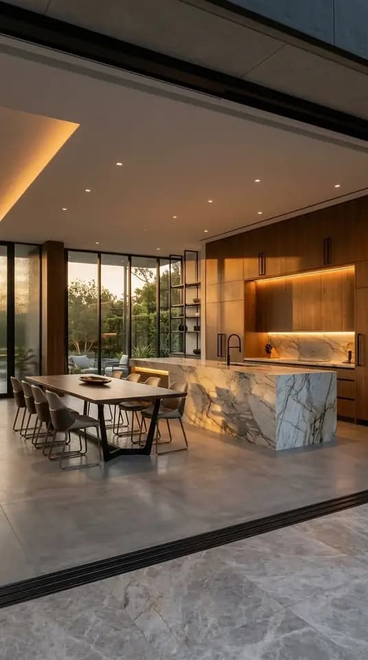 Cocina abierta de lujo con isla central