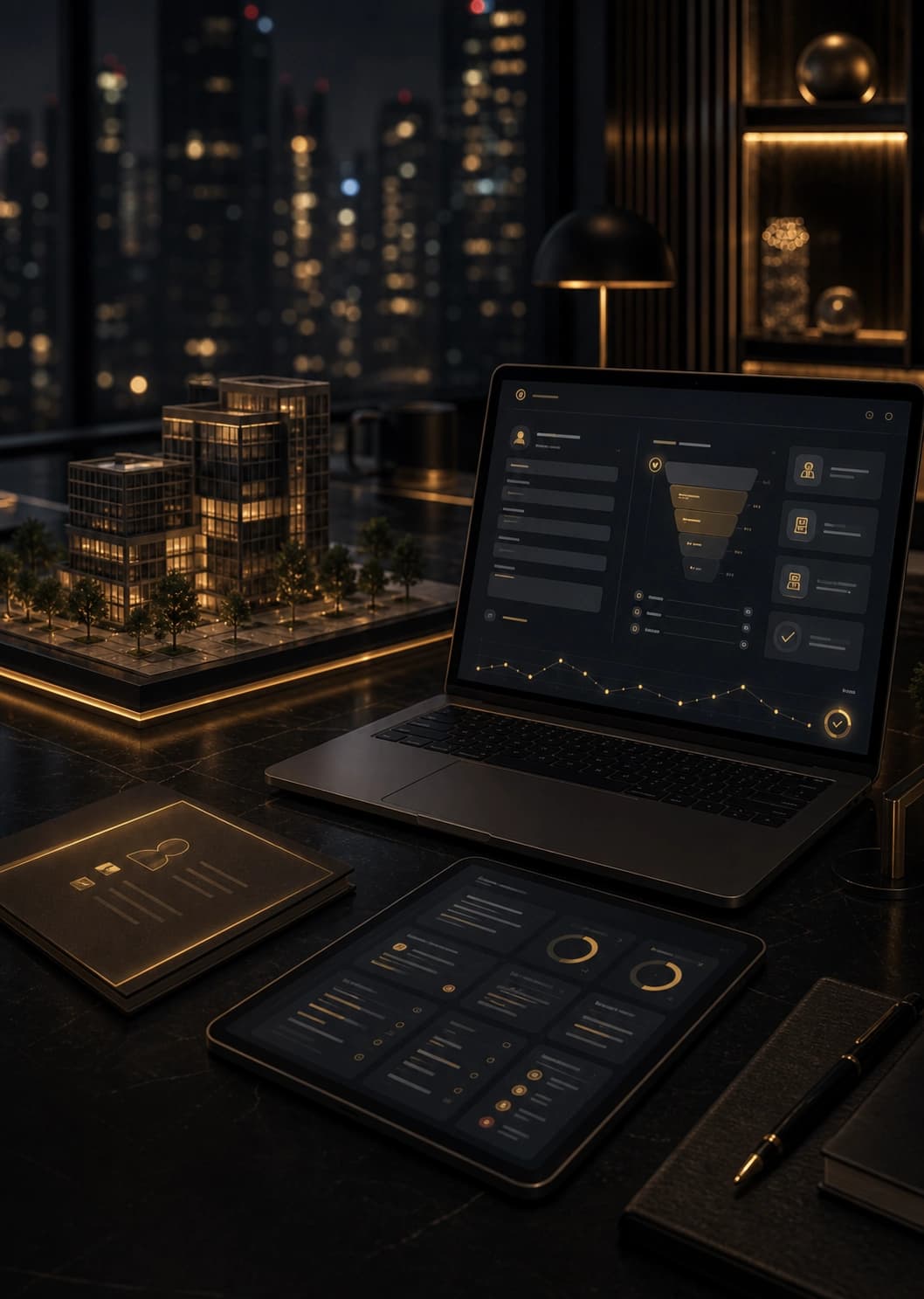 Mesa de auditoría inmobiliaria con dashboard de microdiagnóstico y maqueta de desarrollo