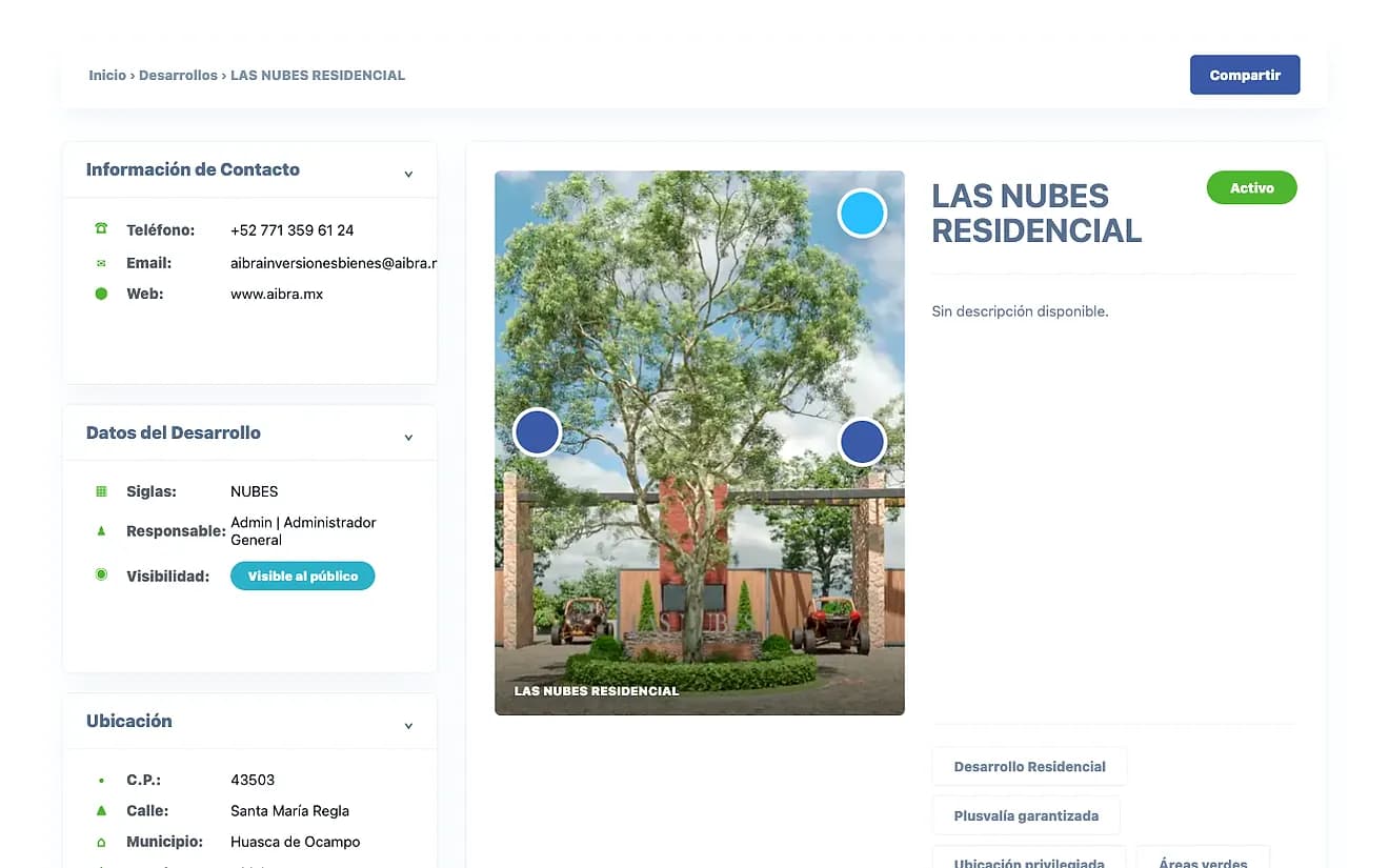 Ficha de desarrollo en AIBRA Core con datos de contacto, ubicación, responsable y visibilidad