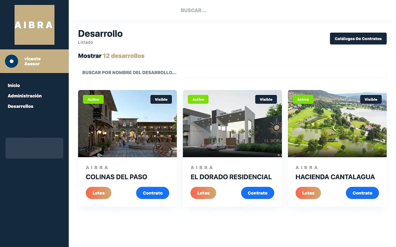 Listado de desarrollos activos dentro de AIBRA Core con accesos a lotes y contratos
