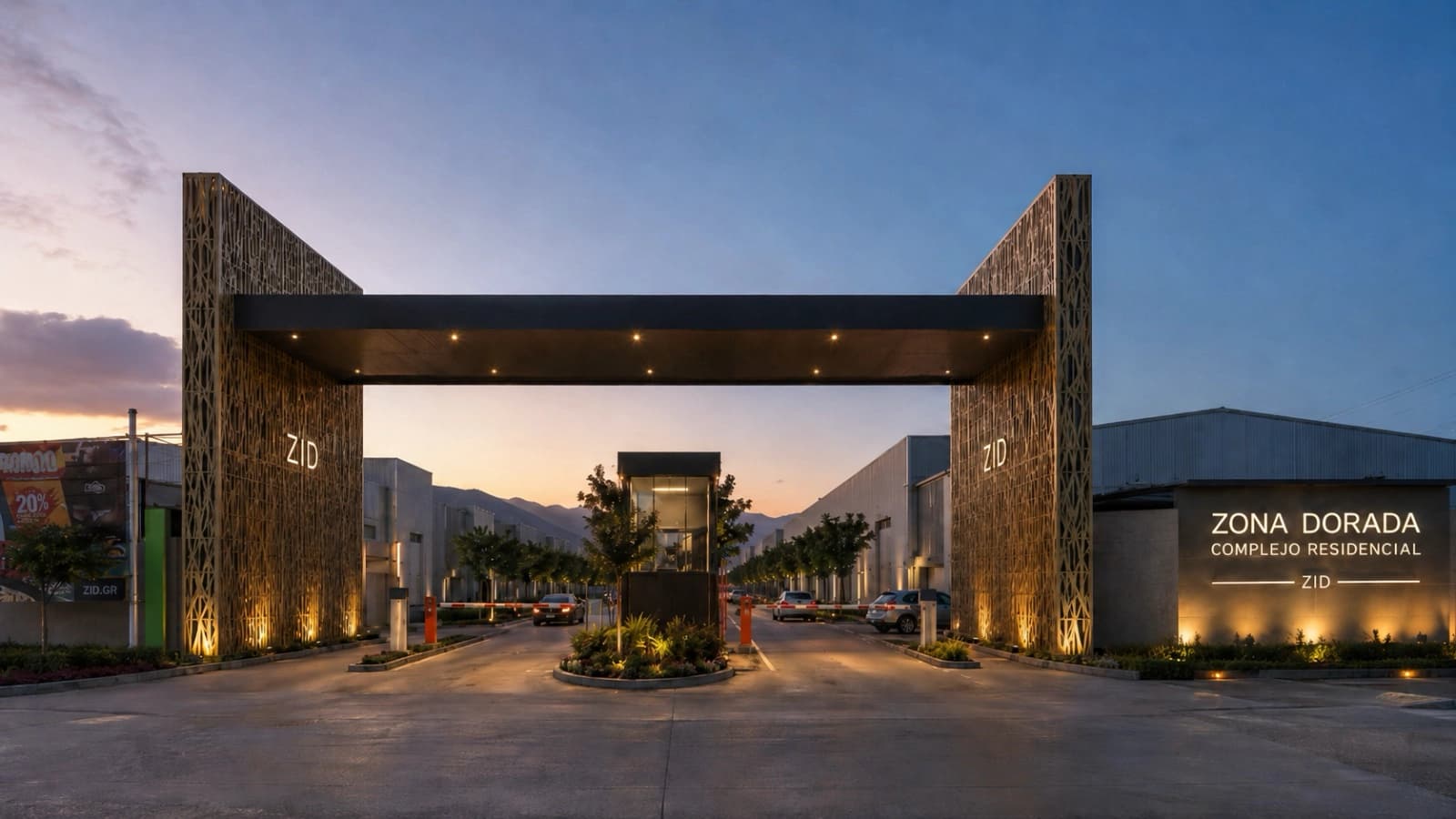 Pórtico de acceso iluminado de Zona Dorada Complejo Residencial en Tulancingo