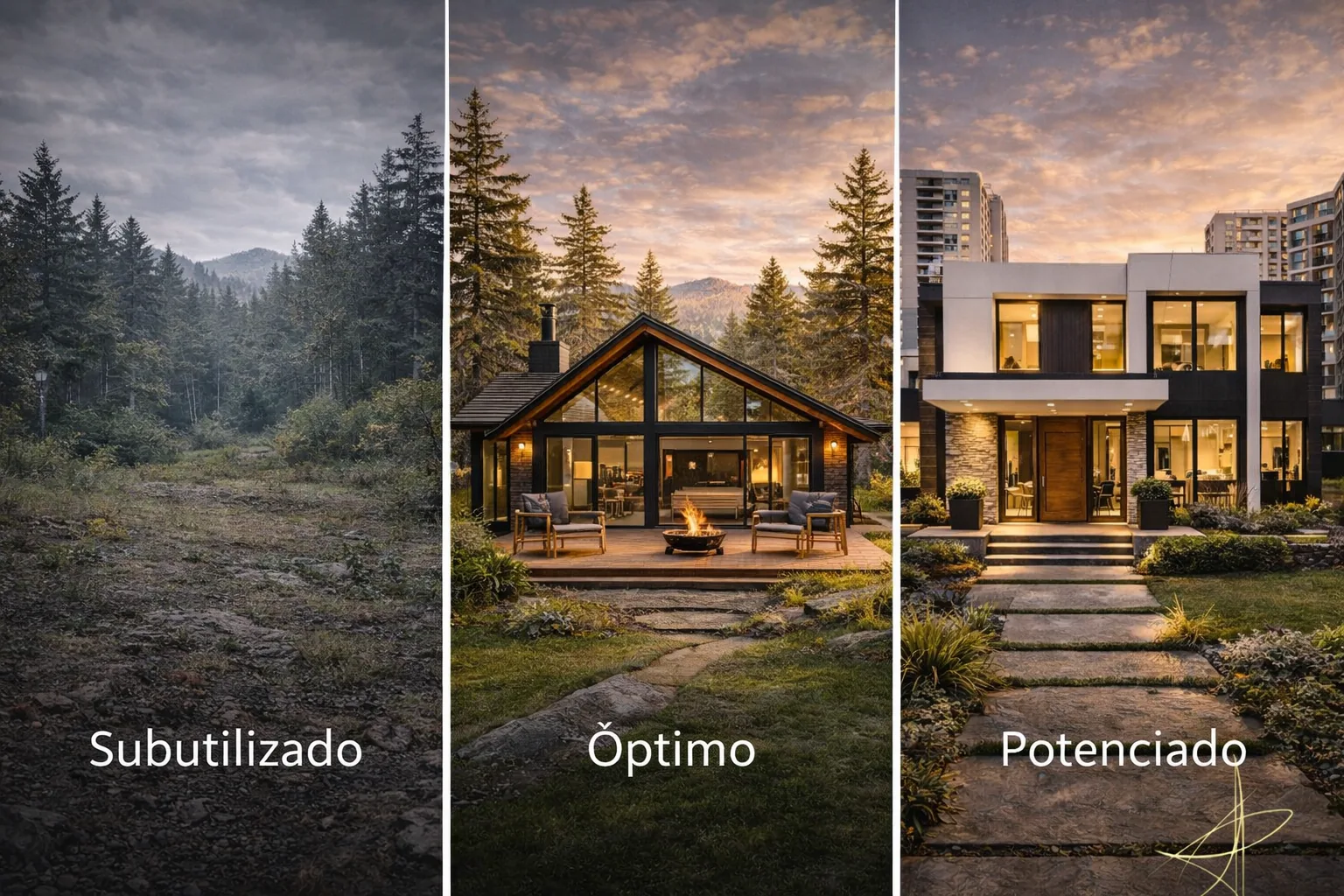 Comparativa de un terreno subutilizado, una residencia en entorno natural y una residencia urbana