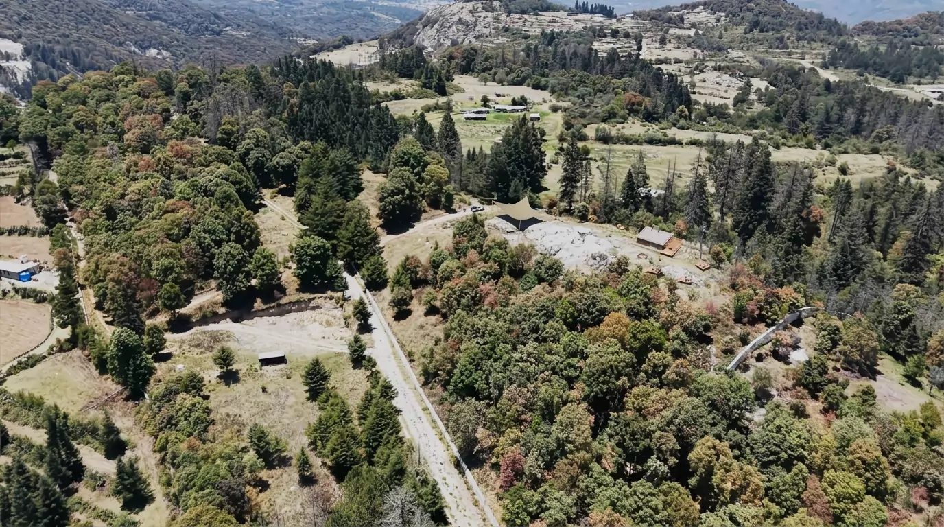 Vista aérea real del predio y el entorno boscoso de Senderos Residencial